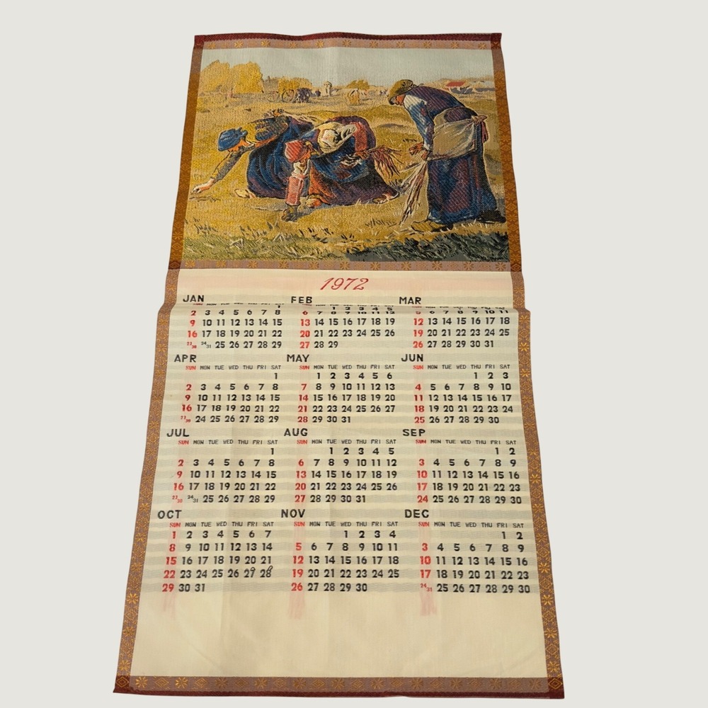 Vintage 1972 Asian Silk Woven Scroll Calendar The Gleaners Tapestry Wall Hanging